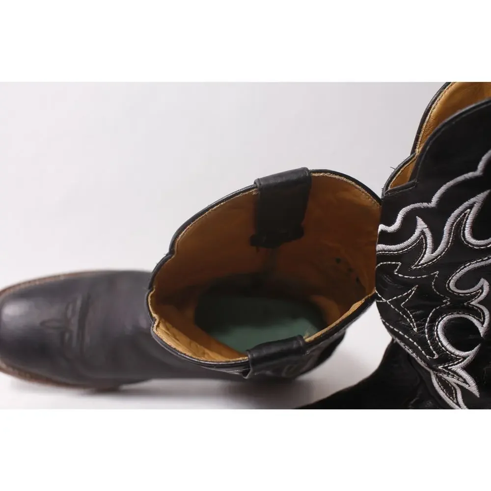 Reyme Men's Cowboy Boots 10-11 Black Leather White Embroidery ~ 260212-WH 972